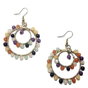 Double Beaded Hoop Drop Earrings in Gold Tone & Multicolor Glass Beads NWT
